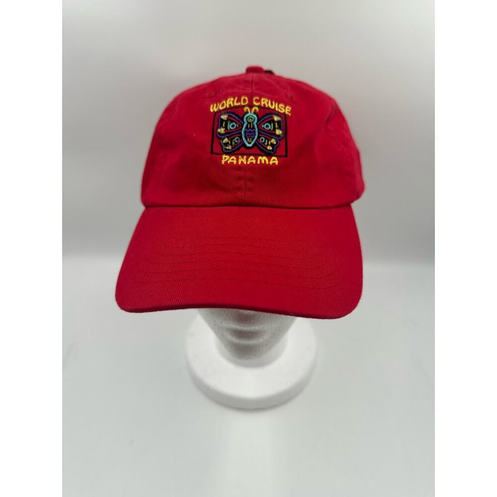 World Cruise Panama Butterfly Baseball Cap Hat - Adjustable - 100% Cotton - Red